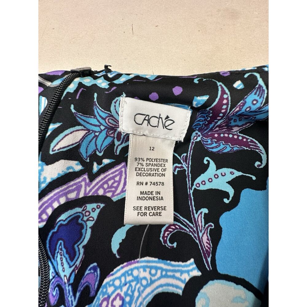 Cache Abstract Paisley Wrap Front Dress Purple Blue Black Ruched Y2K Sz 12 NWT - Picture 8 of 9